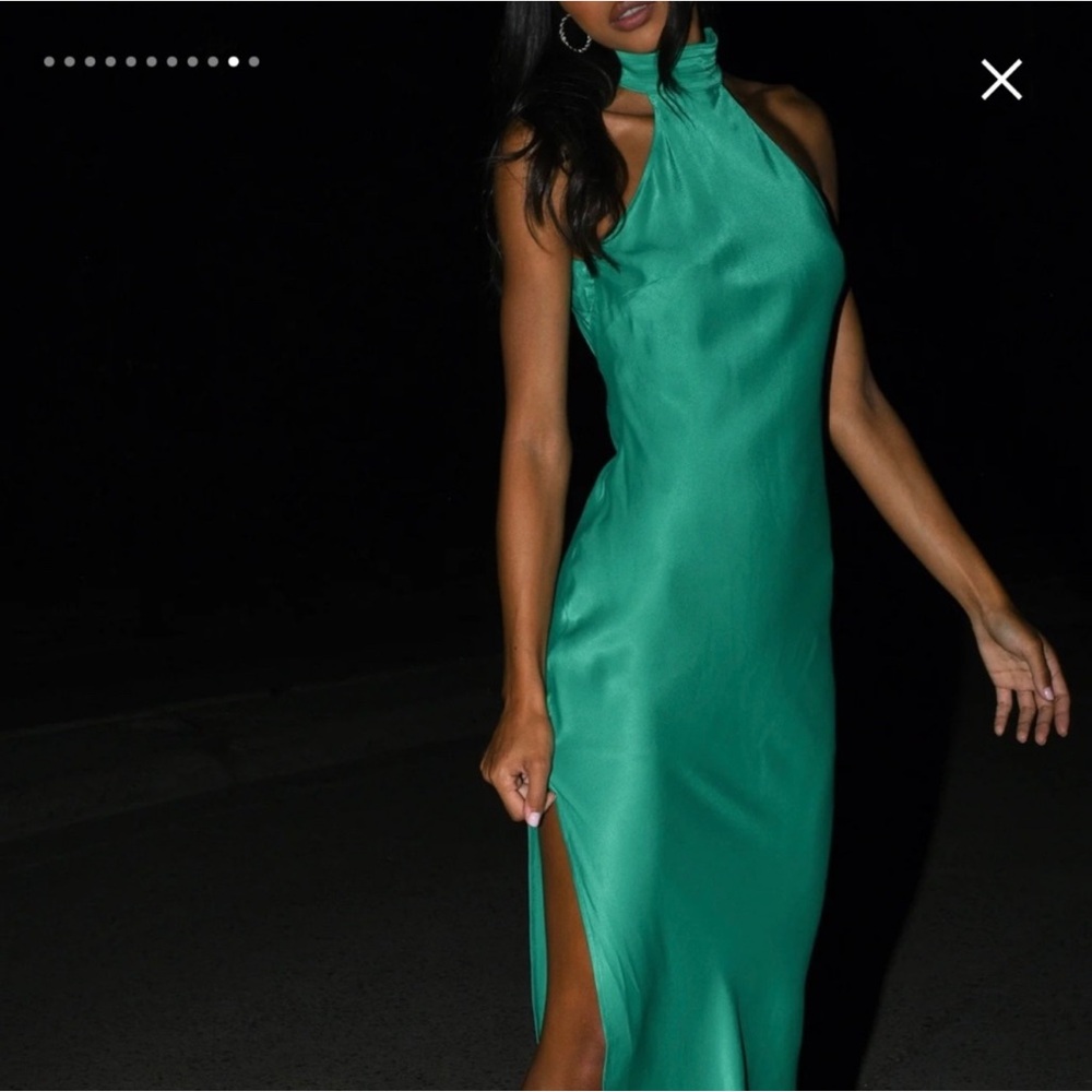Meshki Claire Satin Drape Back Green Maxi Dress